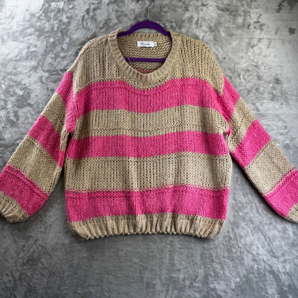 Miracle Striped Chunky Knit Sweater Women SM Pink Tan Oversized M9051 (1828)